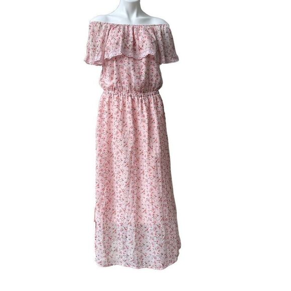 Bongo Womens Maxi Dress Floral Off Shoulder Elastic Waist Lace Trim Pink Size XL - Picture 11 of 11